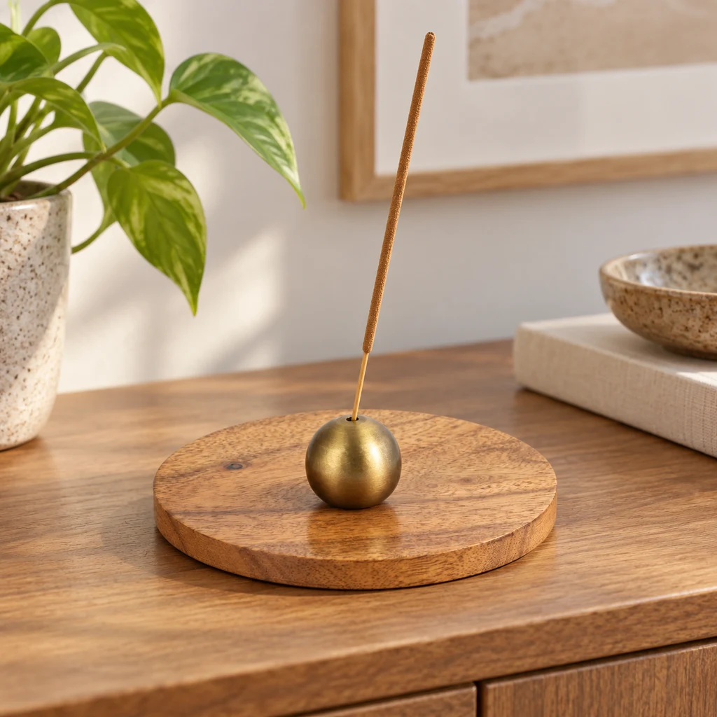 Escena generada con una varilla de incienso en un soporte esférico dorado sobre una base circular de madera, junto a una planta. Escena generada con una varilla de incienso en un soporte esférico dorado sobre una base circular de madera, junto a una planta.