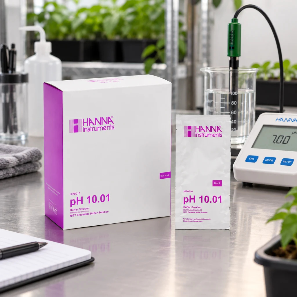 Caja y sobre Hanna de solución de calibración pH 10.01, junto a un vaso con sonda y un medidor que muestra 7.00.