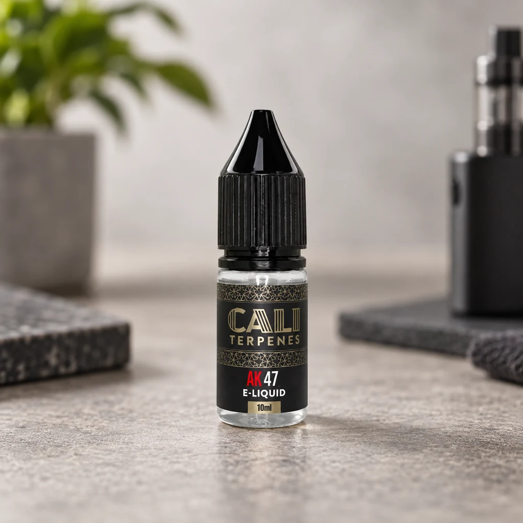 Escena generada de un frasco Cali Terpenes AK47 E-Liquid de 10 ml con tapón negro, sobre una encimera y con un vaporizador desenfocado al fondo.