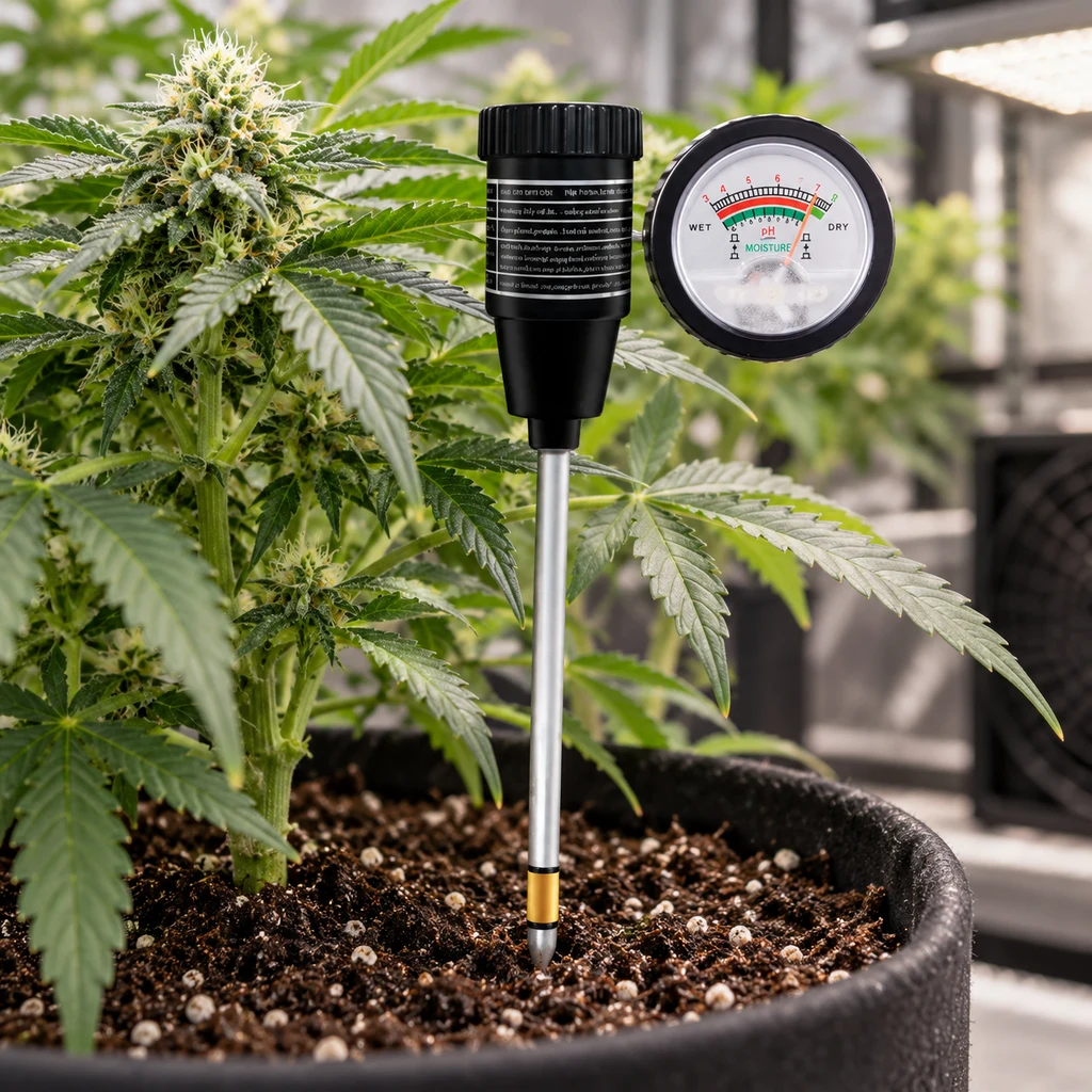 Medidor de pH y humedad Easy Garden con sonda insertada en la tierra de una maceta y esfera de lectura junto a una planta de cannabis.