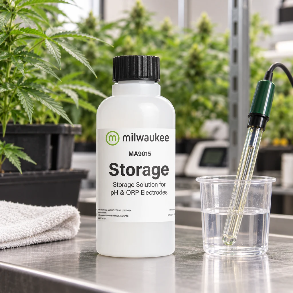 Botella Milwaukee MA9015 de solución de mantenimiento para pH y ORP junto a un electrodo sumergido en un vaso transparente.