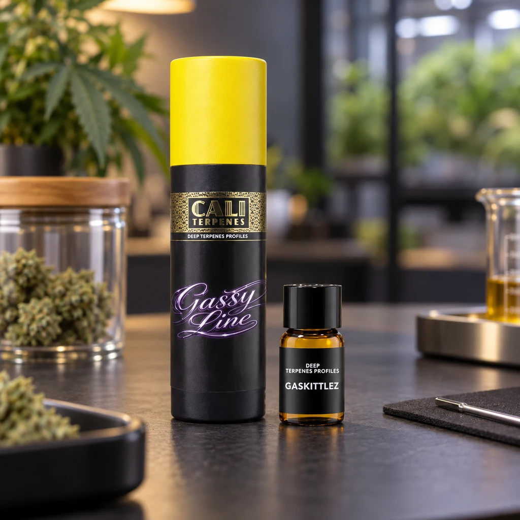 Frasco ámbar Gaskittlez de Cali Terpenes junto a un envase cilíndrico negro de Gassy Line con tapa amarilla, sobre una encimera.