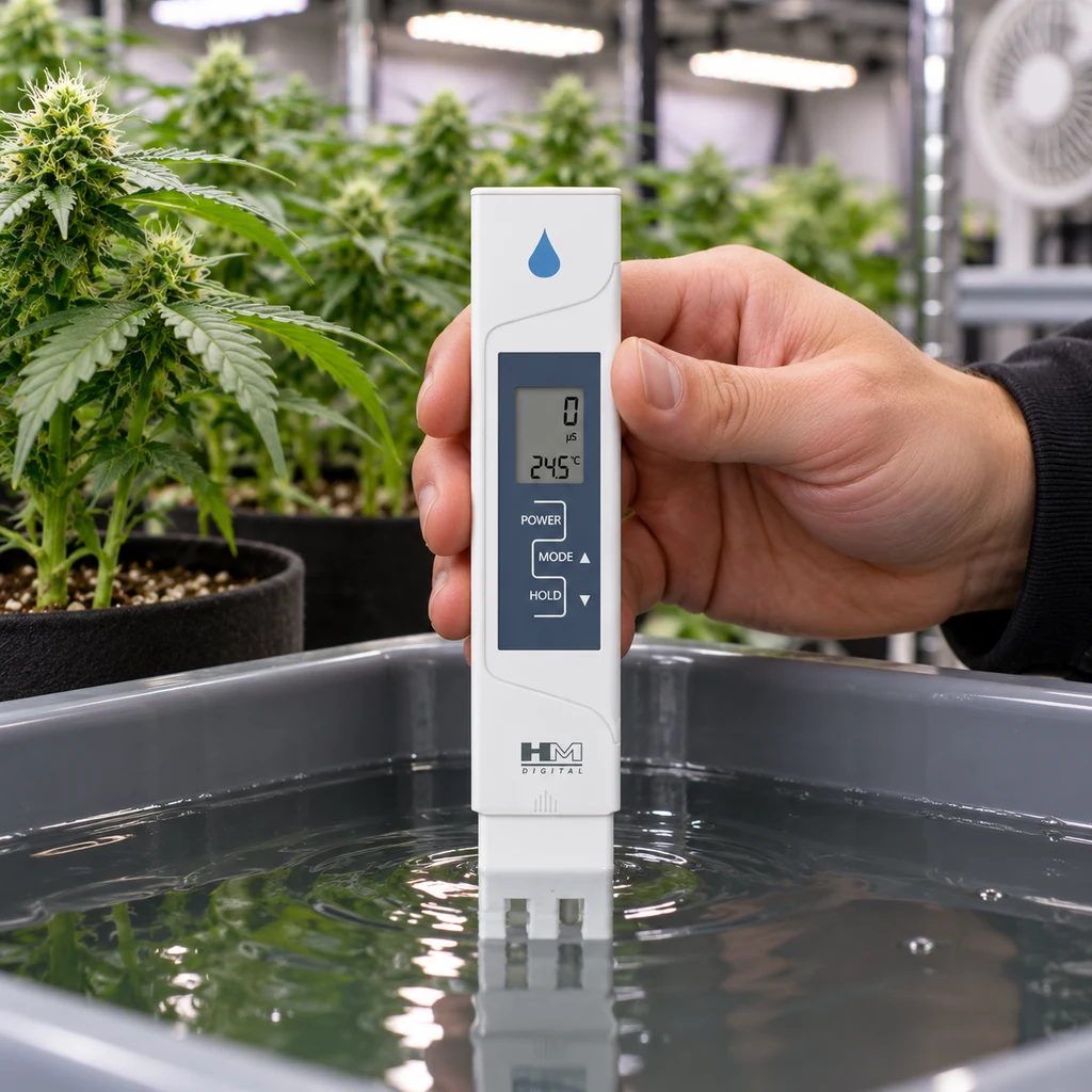 Una mano sostiene un medidor HM Digital blanco con pantalla digital y la sonda sumergida en una bandeja de agua, junto a plantas.