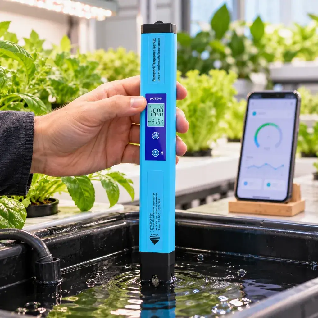 Una mano sostiene el medidor azul Easy Garden BT300 con el extremo sumergido en un depósito, junto a un móvil y plantas.