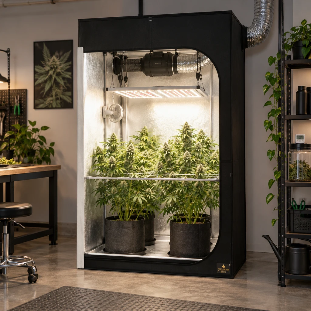 Armario de cultivo negro abierto, con interior reflectante, plantas en macetas, panel de luz, ventilador y conducto de extracción.