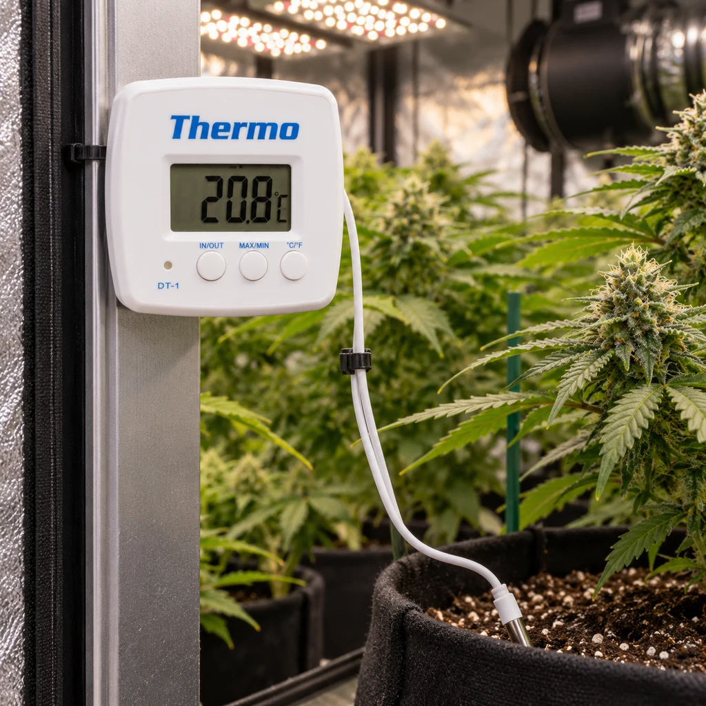 Termómetro digital blanco que marca 20,8 °C, fijado al marco de un cultivo interior, con la sonda insertada en el sustrato.