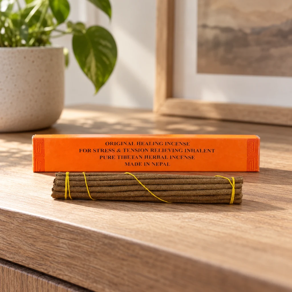 Escena generada del incienso Himalayo Healing: varillas marrones atadas con hilo amarillo delante de su caja naranja, sobre una mesa.