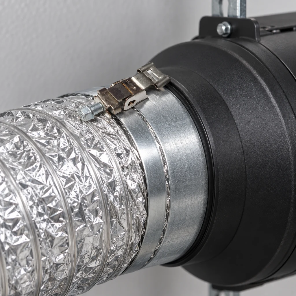 Primer plano de una abrazadera metálica con cierre sobre la unión de un tubo flexible plateado y un extractor negro.