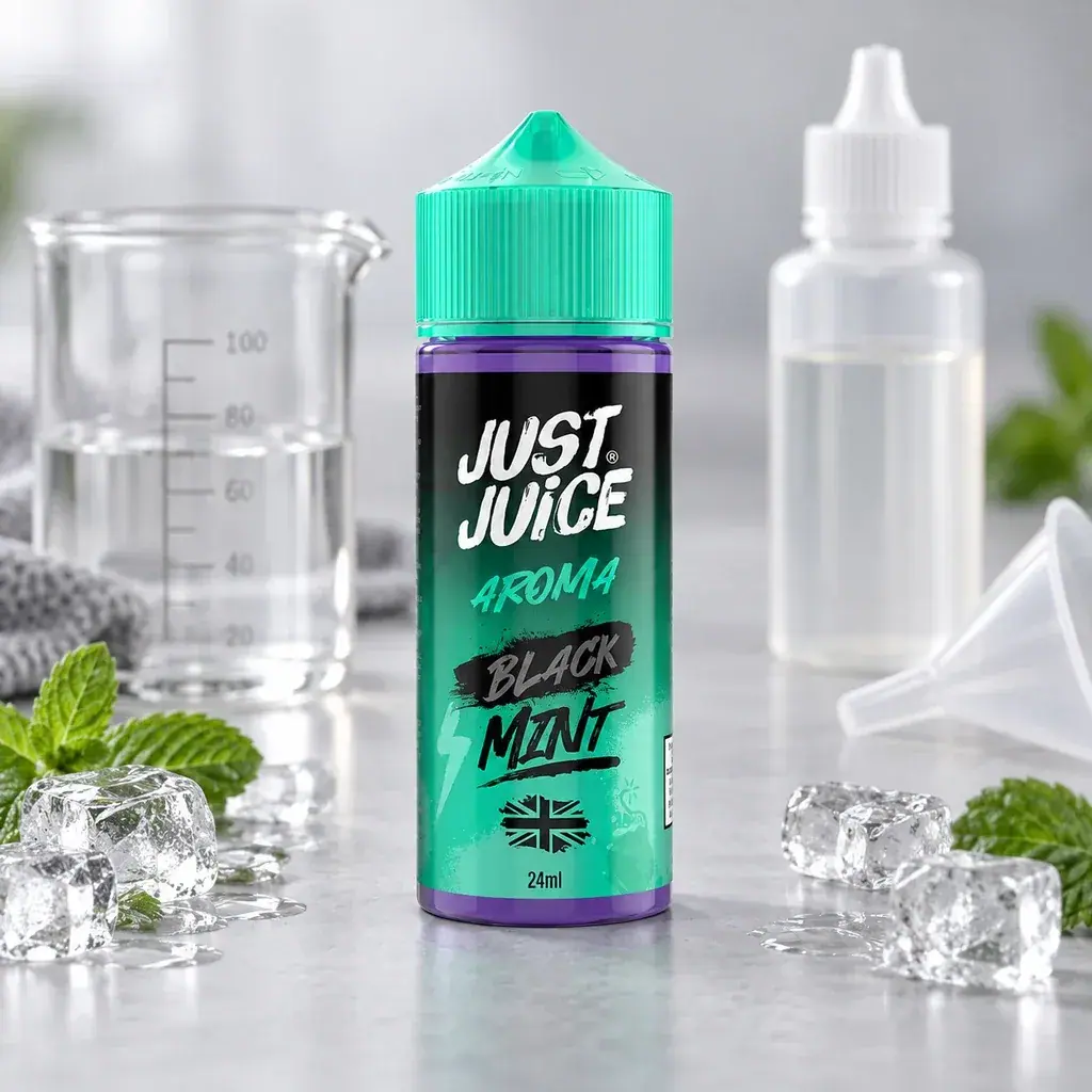 Bote Just Juice Black Mint de 24 ml con tapón verde, rodeado de hielo y hojas de menta junto a utensilios de mezcla.