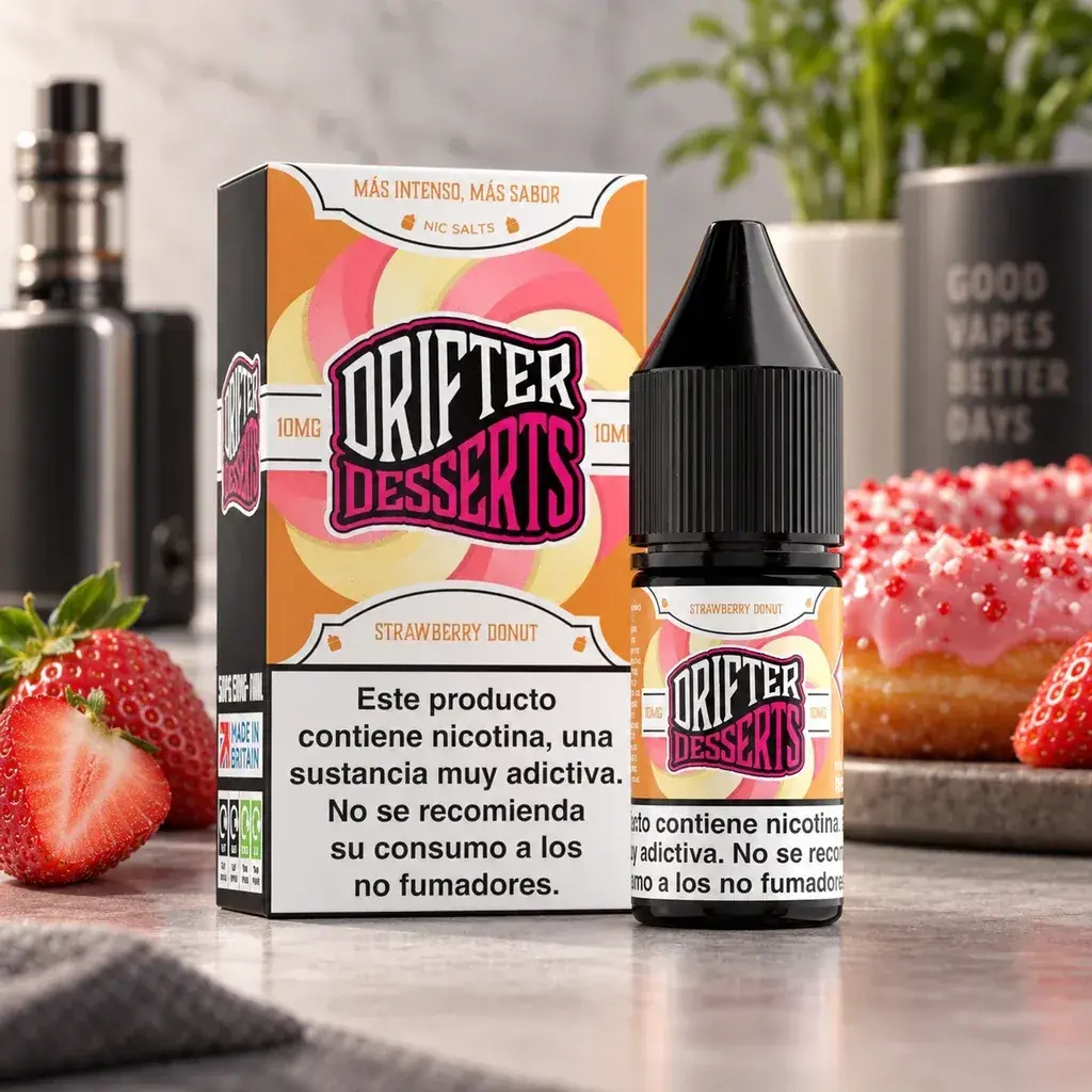 Bote y caja de Drifter Desserts Strawberry Donut, con diseño rosa y amarillo, junto a fresas y un dónut con cobertura rosa.