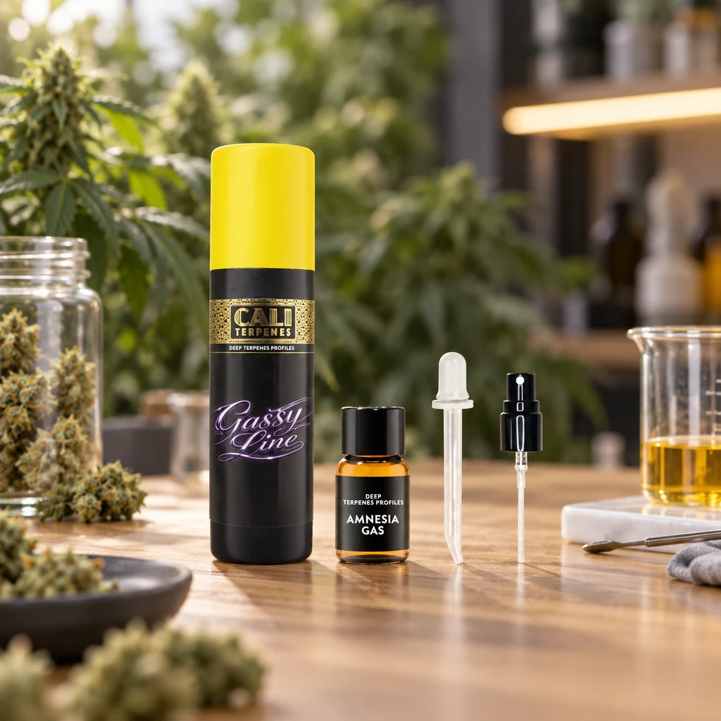 Frasco Amnesia Gas de Cali Terpenes junto a un estuche negro con tapa amarilla, una pipeta y un pulverizador sobre una mesa.