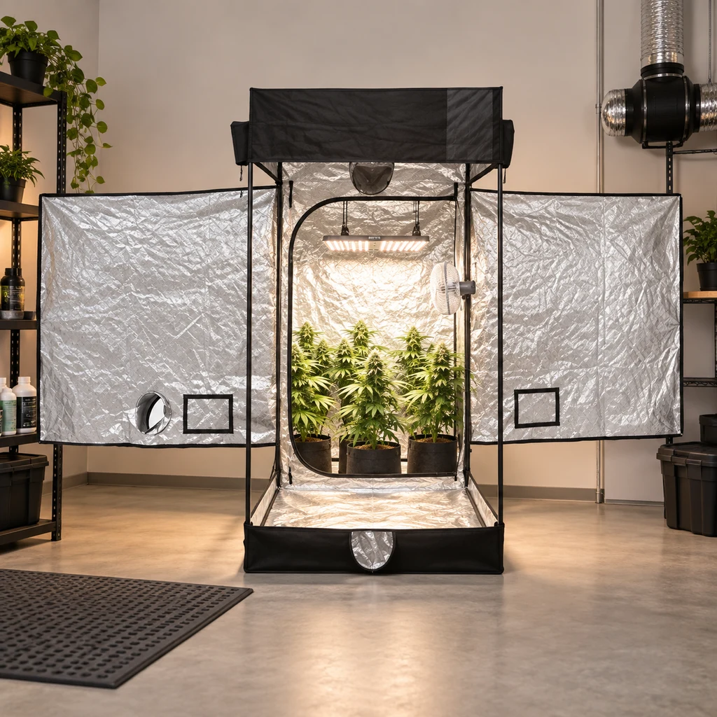 Escena generada de una tienda de cultivo abierta, con interior reflectante, plantas en macetas, lámpara suspendida y ventilador lateral.