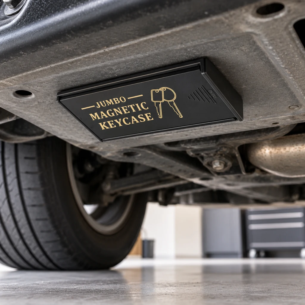 Caja negra rectangular con texto dorado «Jumbo Magnetic Keycase» y dibujo de llaves, representada bajo el chasis de un coche.