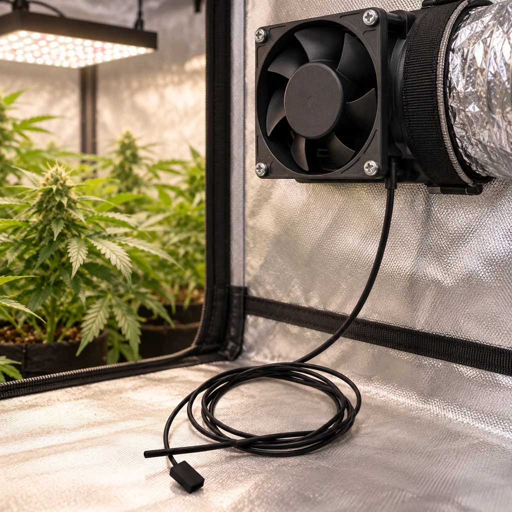 Cable negro de alimentación para extractor Sunon, enrollado junto a un ventilador en un armario de cultivo con paredes reflectantes.