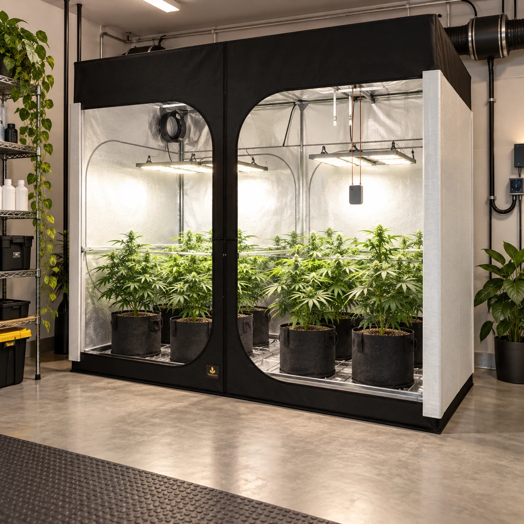 Escena generada de una tienda de cultivo con estructura negra, interior reflectante, plantas en macetas, luces suspendidas y ventilación.