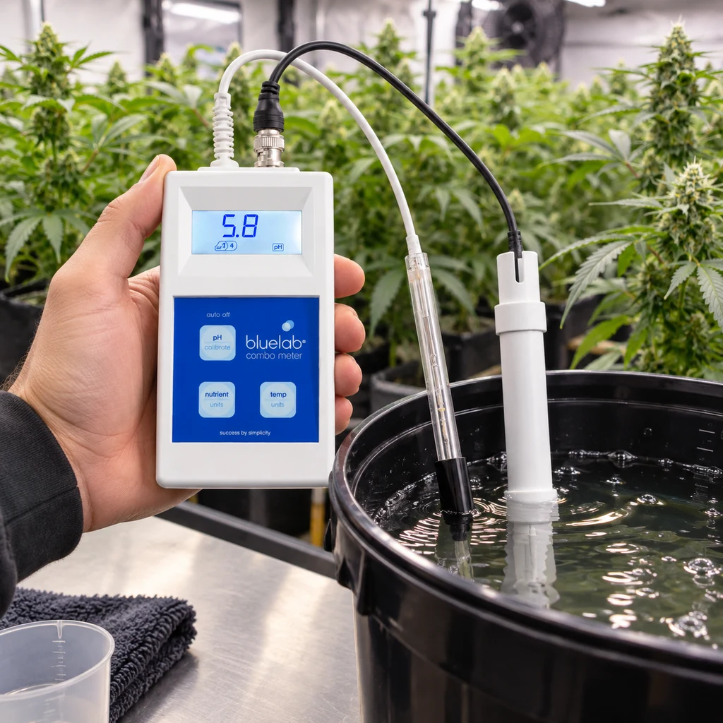 Escena generada de una mano sosteniendo un medidor Bluelab que marca pH 5,8, con sondas en un cubo de agua y plantas al fondo.