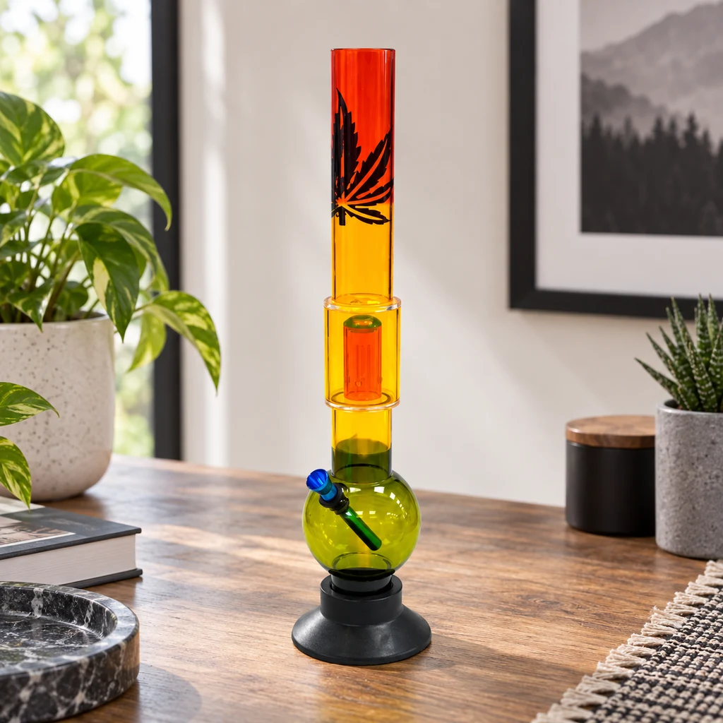Bong Black Leaf Rasta sobre una mesa, con tubo rojo y amarillo, hoja negra, cámara verde y base negra.