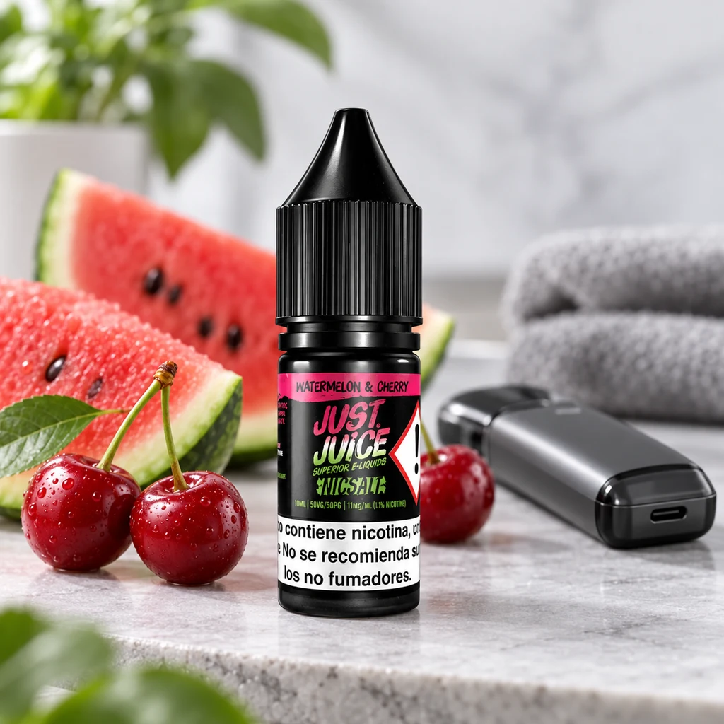 Escena generada de un frasco Just Juice Watermelon & Cherry con tapón negro, junto a sandía, cerezas y un vapeador gris.