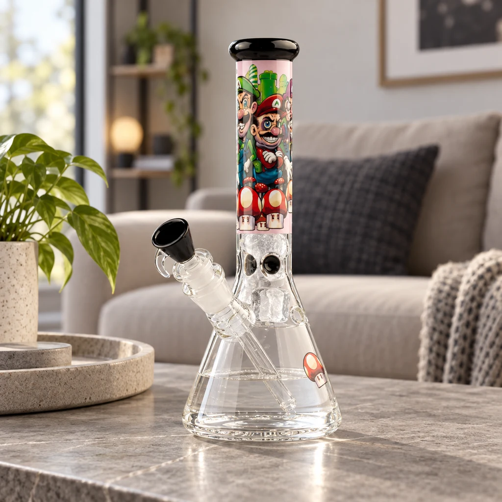 Bong transparente de base cónica, borde y cazoleta negros y dibujos de Mario y Luigi, sobre una mesa delante de un sofá.