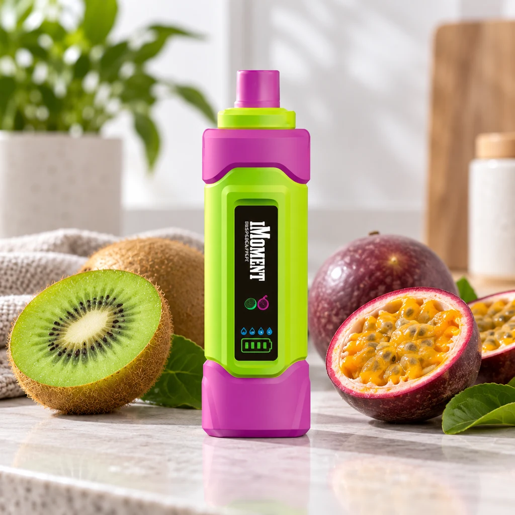 Escena generada de un vaper verde lima y fucsia con panel negro, rodeado de kiwis y frutas de la pasión sobre una encimera.