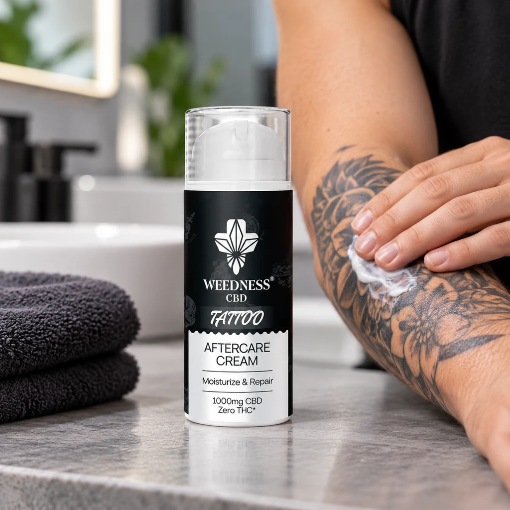 Envase negro de crema para tatuajes Weedness CBD, junto a una persona que la aplica sobre un antebrazo tatuado.