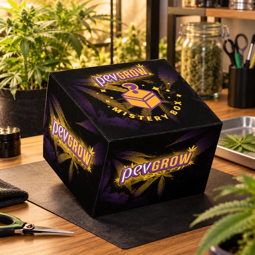 Caja negra Pev Mystery Box con logotipos morados y amarillos sobre una mesa, rodeada de plantas, tijeras y un tarro con cogollos. Caja negra Pev Mystery Box con logotipos morados y amarillos sobre una mesa, rodeada de plantas, tijeras y un tarro con cogollos.