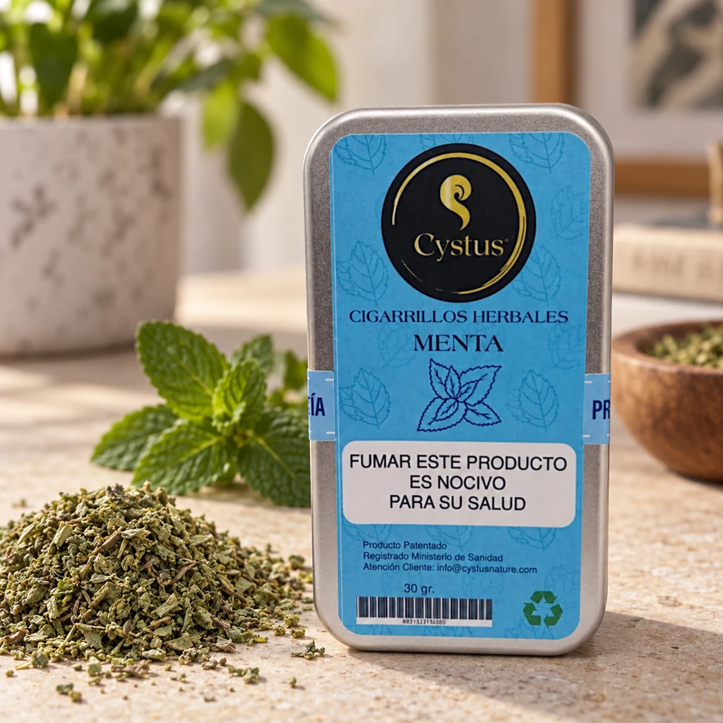Lata de Cystus Menta con etiqueta azul y advertencia sanitaria, junto a hojas de menta y hierbas secas sobre una mesa.