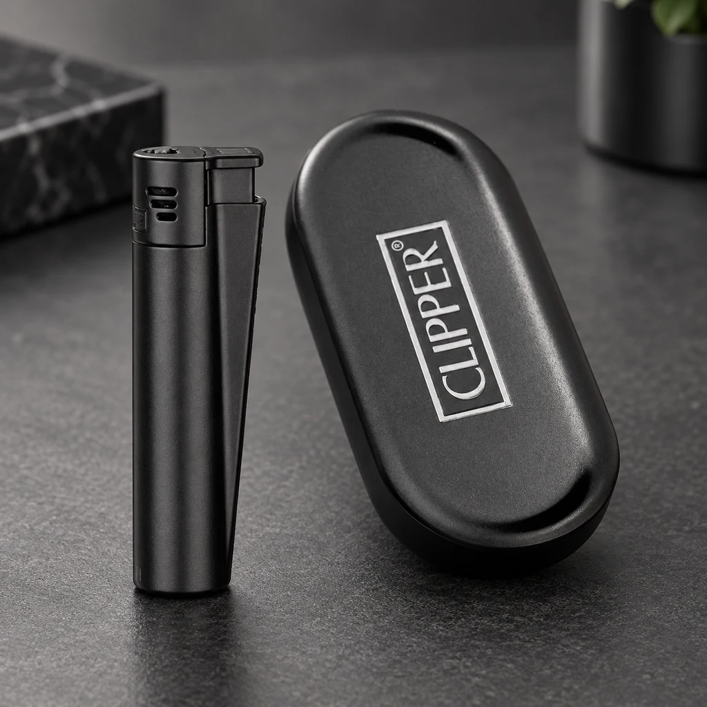 Encendedor Clipper negro de pie junto a un estuche ovalado negro con el logotipo de la marca, sobre una superficie oscura.