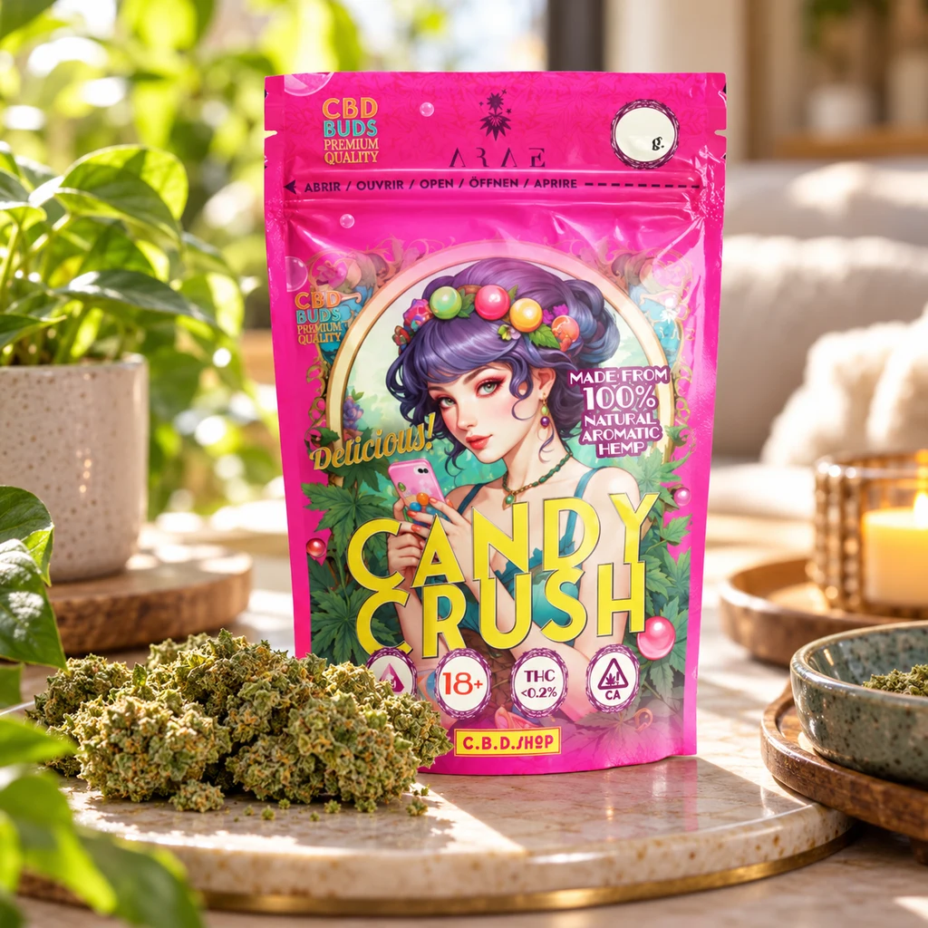 Escena generada con un envase rosa de Candy Crush CBD - Flores de CBD, decorado con una mujer ilustrada, junto a varios cogollos sobre una mesa.