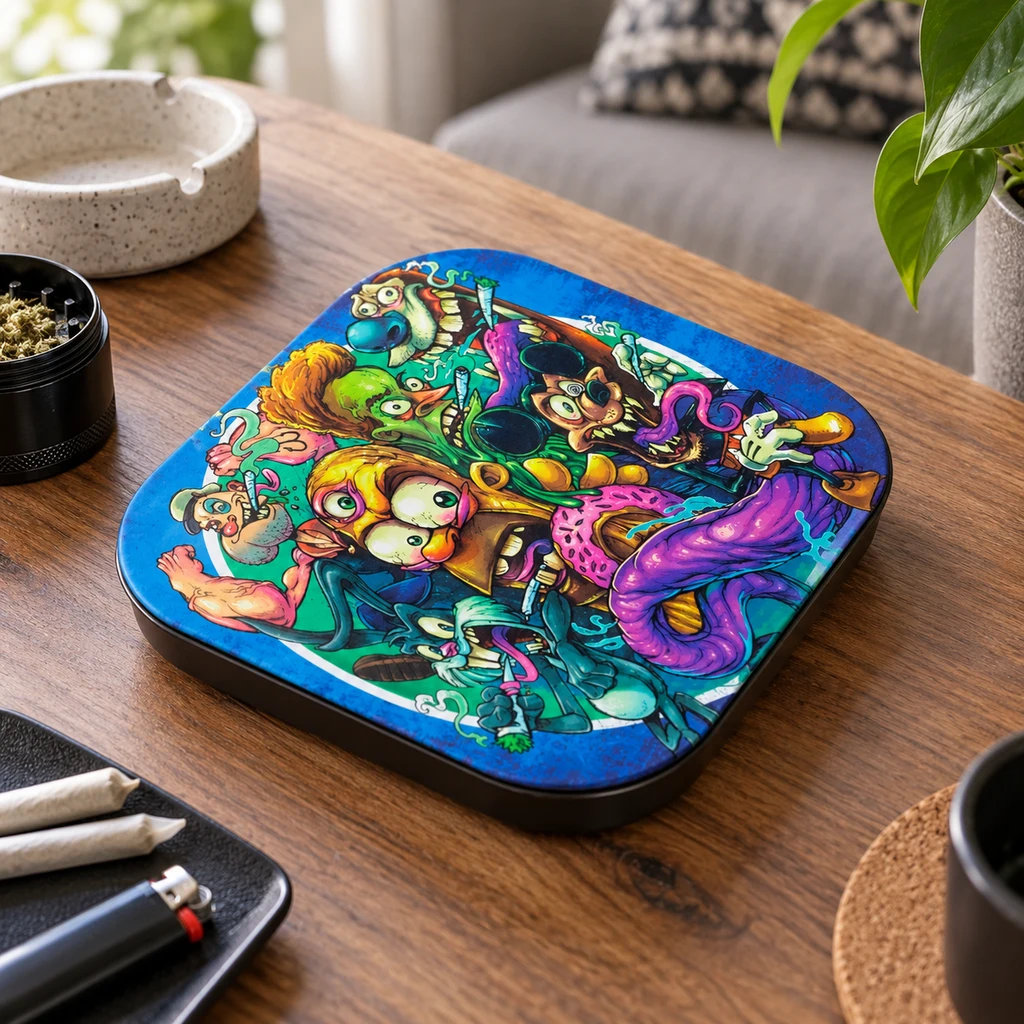 Cubierta para bandeja de esquinas redondeadas, con ilustraciones multicolor de personajes sobre fondo azul, situada en una mesa de madera.