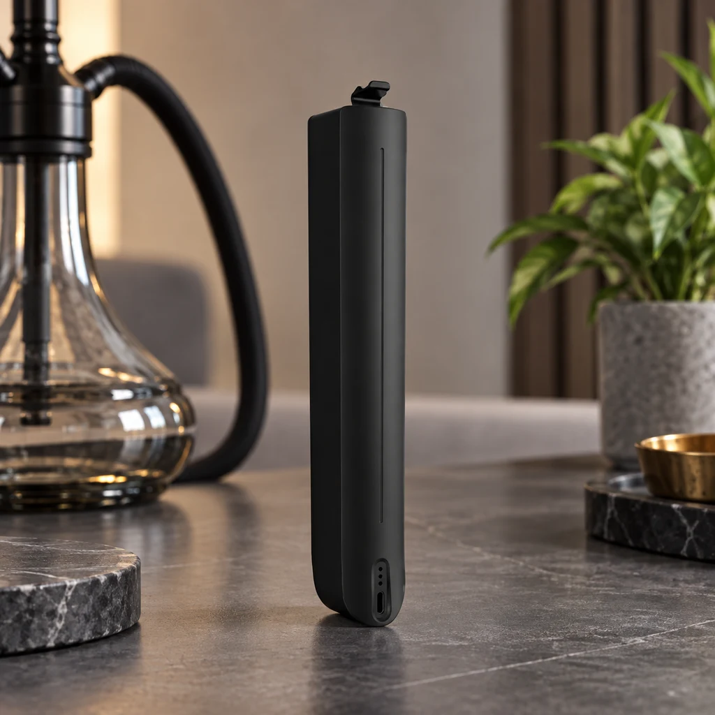 Batería negra C2 HOOKAH de pie sobre una mesa, con indicadores y puerto en la parte inferior, junto a una cachimba.