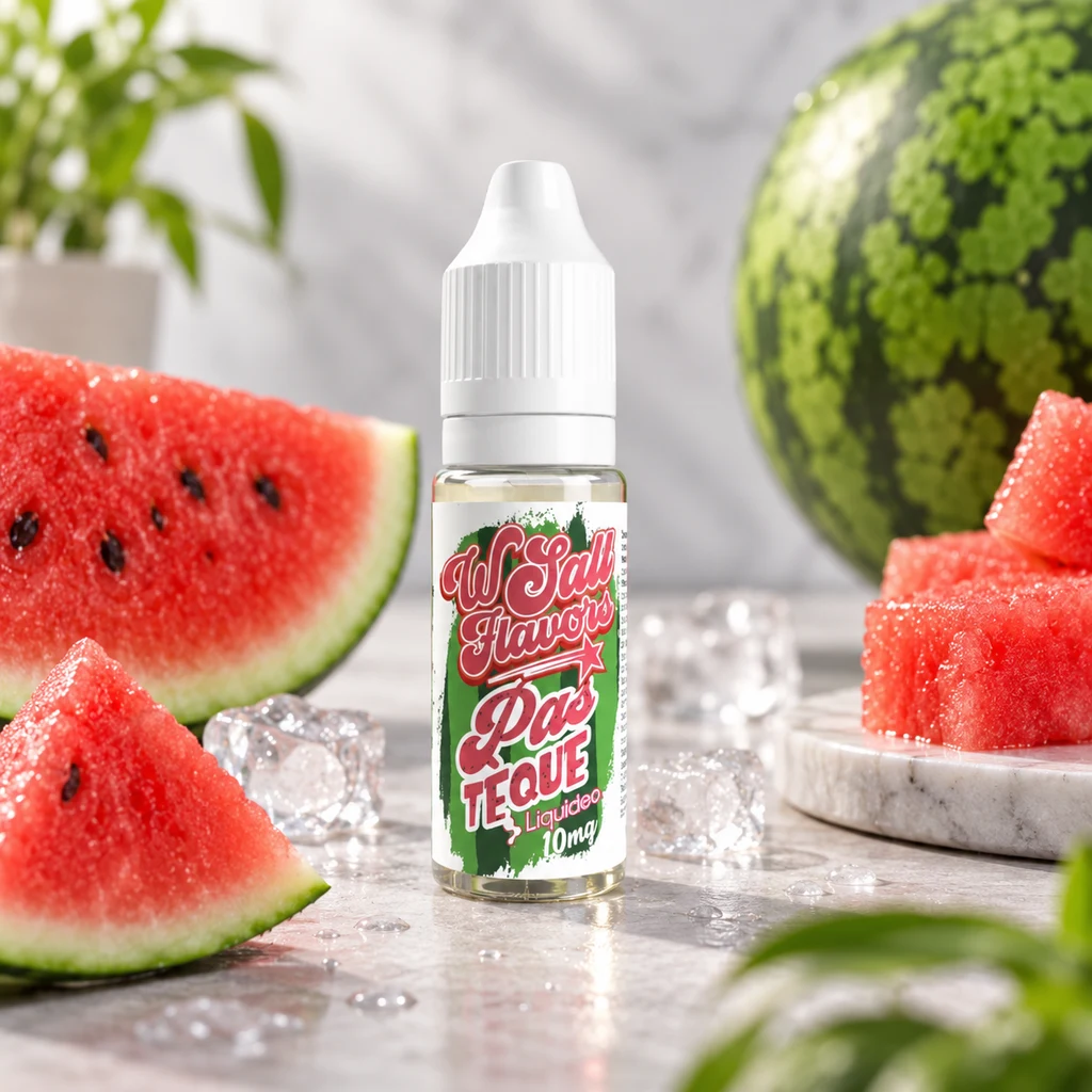 Frasco de Liquideo con tapón blanco y etiqueta «Pastèque», entre rodajas y dados de sandía y cubitos de hielo sobre una mesa.