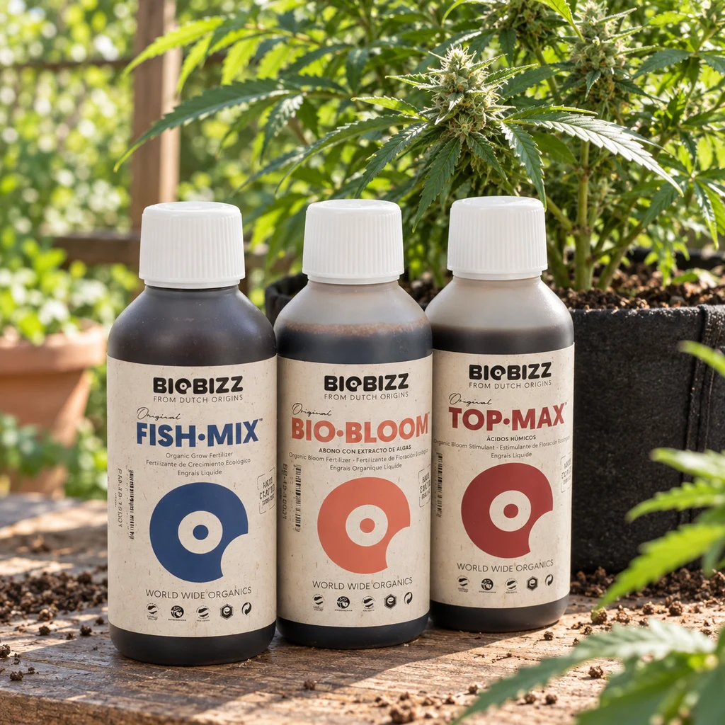 Botellas BioBizz Fish-Mix, Bio-Bloom y Top-Max con tapones blancos sobre una mesa, delante de una planta de cannabis en maceta.