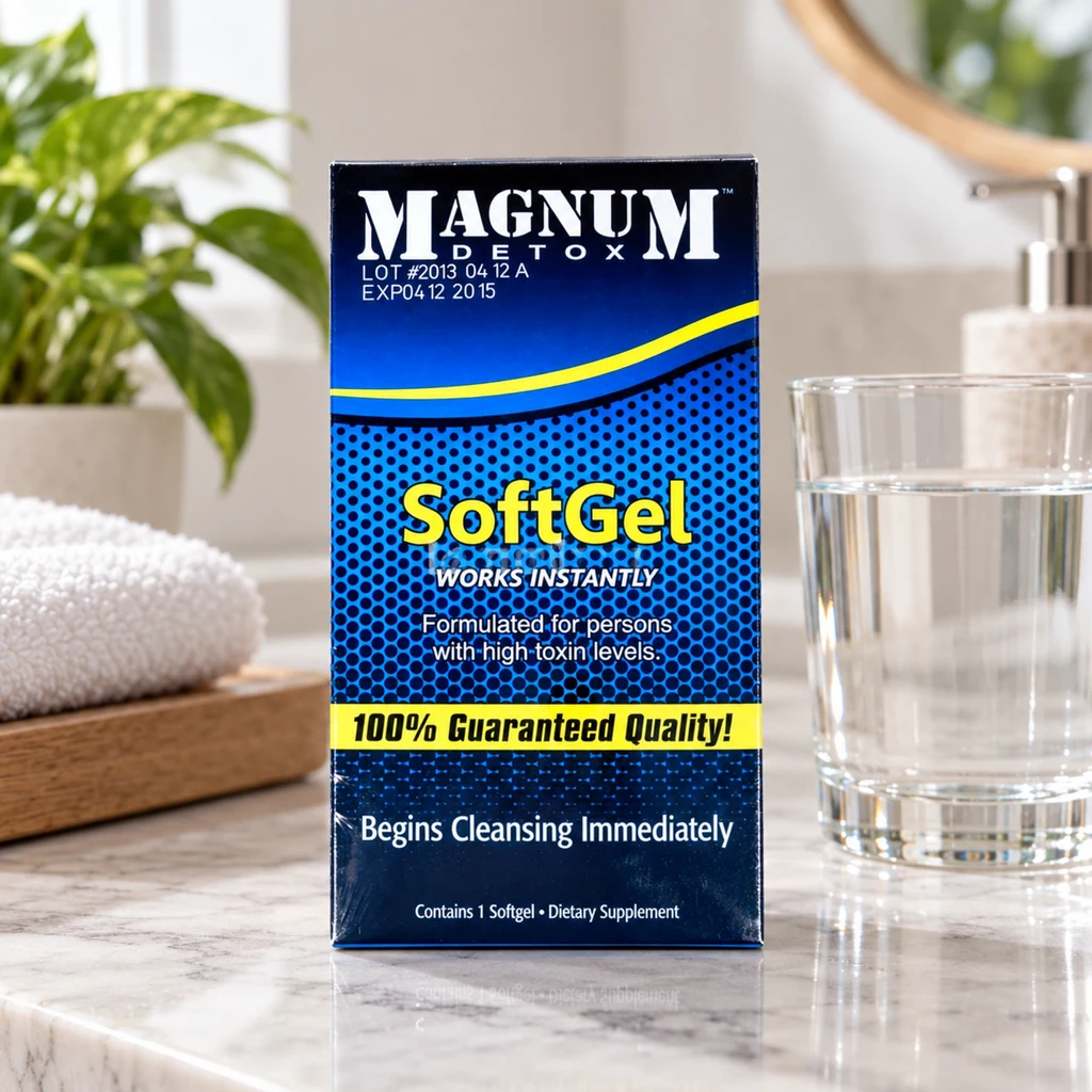 Caja azul de Magnum Detox SoftGel junto a un vaso de agua sobre una encimera, con una toalla y una planta al fondo.