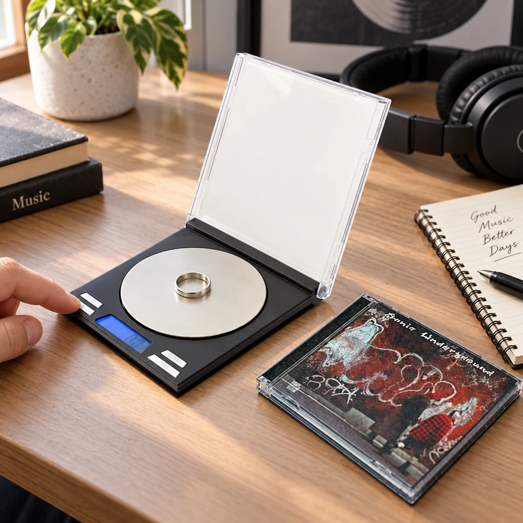 Báscula Music abierta con un anillo sobre el plato circular y pantalla azul, junto a una caja de CD y auriculares en un escritorio. Báscula Music abierta con un anillo sobre el plato circular y pantalla azul, junto a una caja de CD y auriculares en un escritorio.