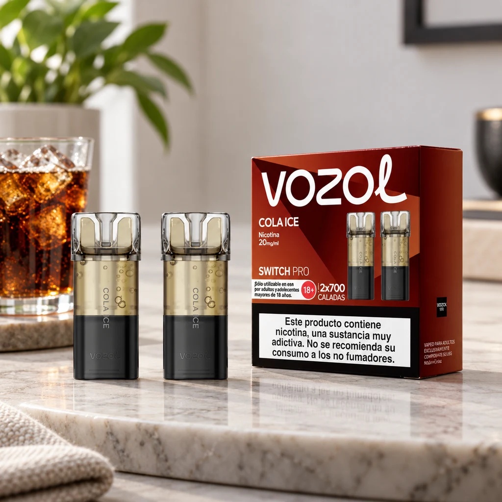 Pods Vozol Switch Pro Cola Ice junto a su caja roja con aviso de nicotina, sobre una encimera con un vaso de refresco y hielo al fondo.