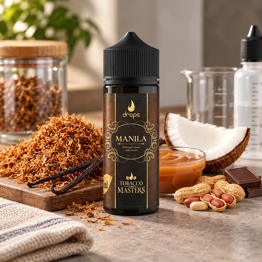 Frasco Drops Tobacco Masters Manila con tapón negro, rodeado de tabaco, vainas de vainilla, coco, cacahuetes y chocolate.
