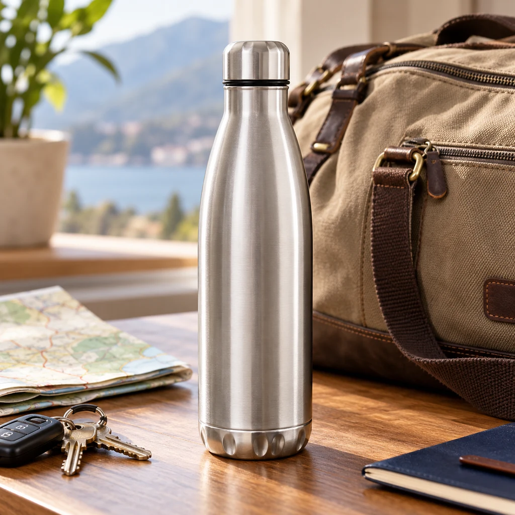 Botella de acero inoxidable para ocultación sobre una mesa, junto a una bolsa de viaje, un mapa, unas llaves y una libreta.