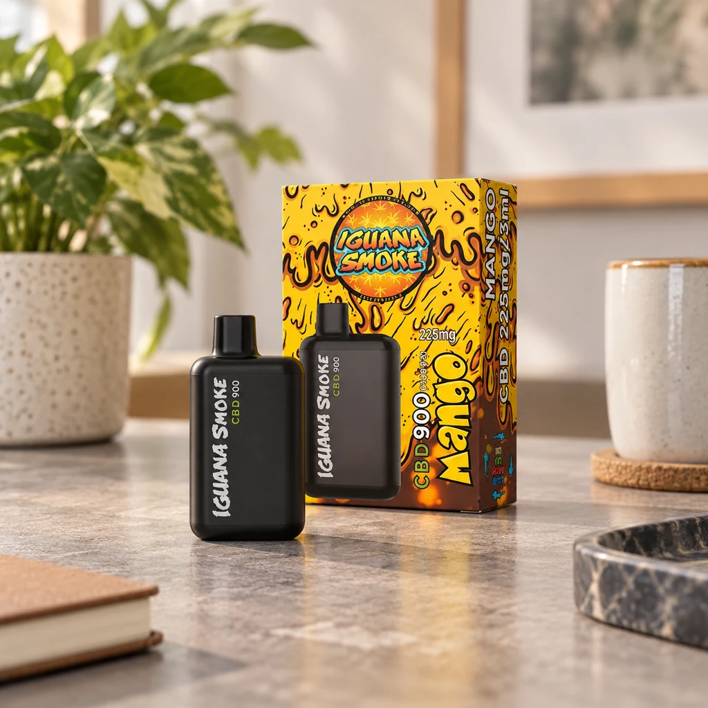 Dos vapeadores negros Iguana Smoke CBD 900 junto a una caja amarilla y naranja rotulada Mango, sobre una mesa.