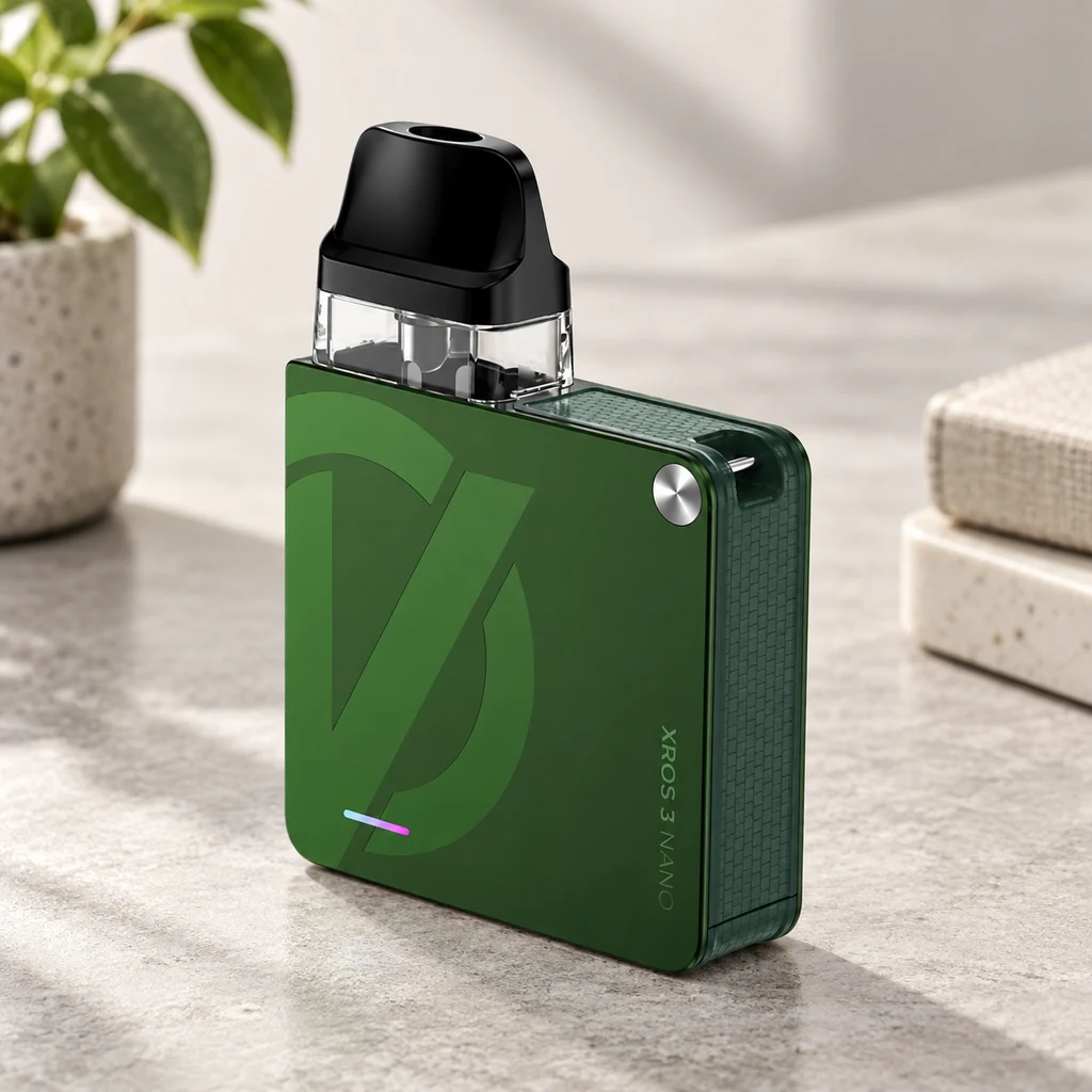 Escena generada del pod XROS 3 Nano Vaporesso verde, con depósito transparente y boquilla negra, sobre una encimera. Escena generada del pod XROS 3 Nano Vaporesso verde, con depósito transparente y boquilla negra, sobre una encimera.