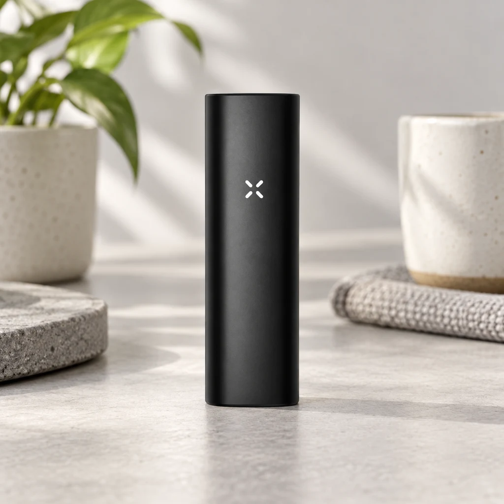 Vaporizador Pax Plus Onyx negro mate, de pie sobre una encimera clara, con símbolo blanco frontal y una planta y una taza al fondo.