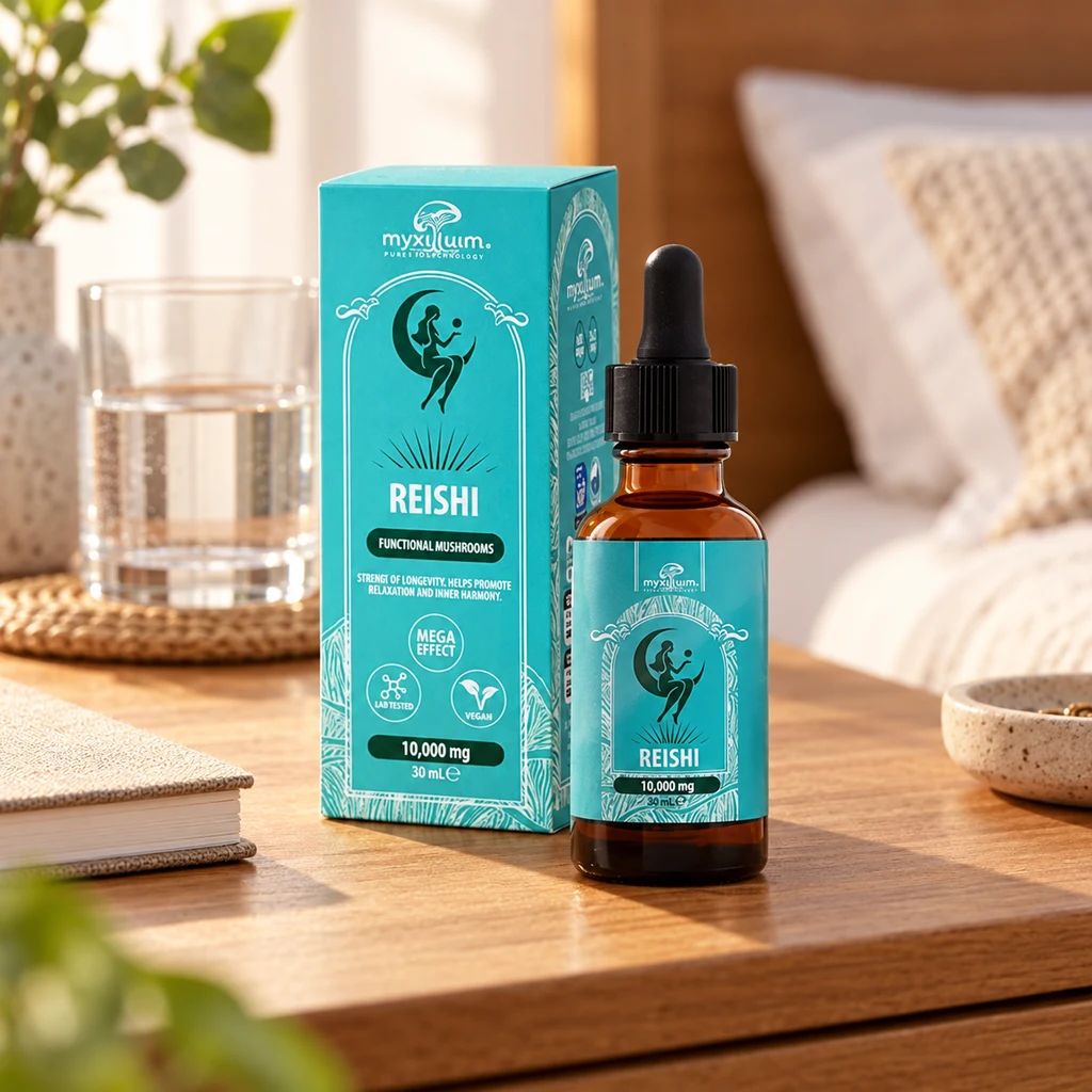 Extracto líquido de Reishi en frasco ámbar con cuentagotas y caja turquesa sobre una mesa de madera, junto a un vaso de agua y un libro.