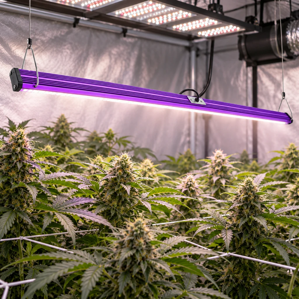Escena generada de una barra LED violeta suspendida sobre plantas de cannabis con malla de soporte y paneles luminosos superiores.