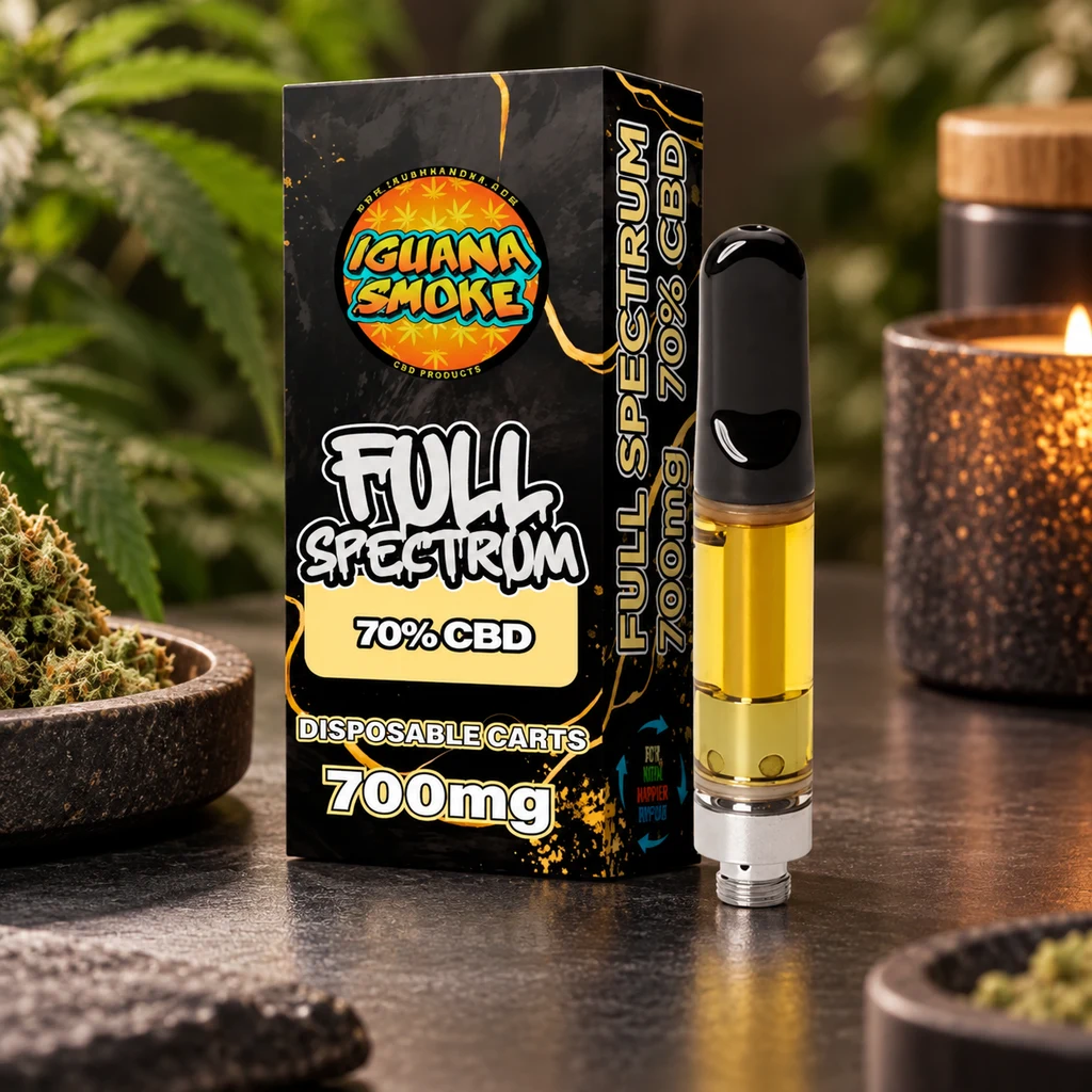 Cartucho con líquido amarillo y boquilla negra junto a una caja Iguana Smoke rotulada «Full Spectrum», «70% CBD» y «700 mg».