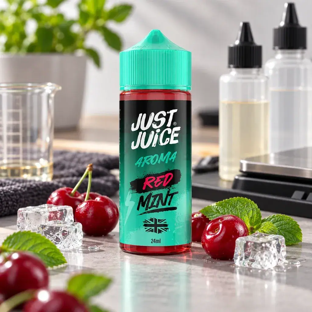 Frasco Just Juice Red Mint de 24 ml con tapón turquesa, rodeado de cerezas, hojas de menta y hielo, con botes y una báscula al fondo.