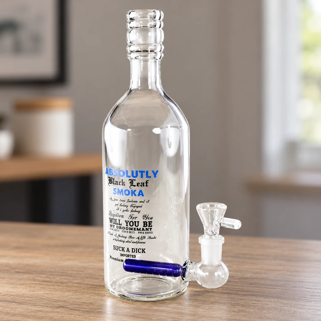 Bong de cristal transparente con forma de botella de vodka, letras negras y azules, tubo interior azul y cazoleta lateral sobre una mesa de madera.