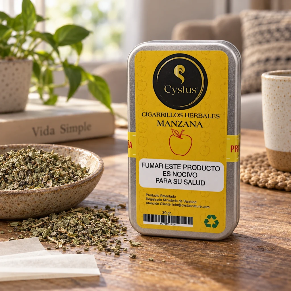 Lata de cigarrillos herbales de manzana con etiqueta amarilla y advertencia sanitaria, junto a hierbas sueltas y papeles sobre una mesa.