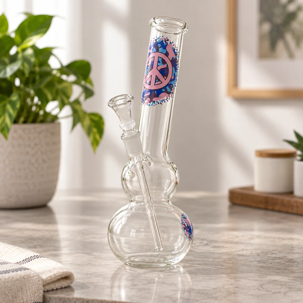 Bong Greenline Crystal transparente con base de doble bulbo y símbolo de la paz rosa, sobre una encimera junto a plantas.