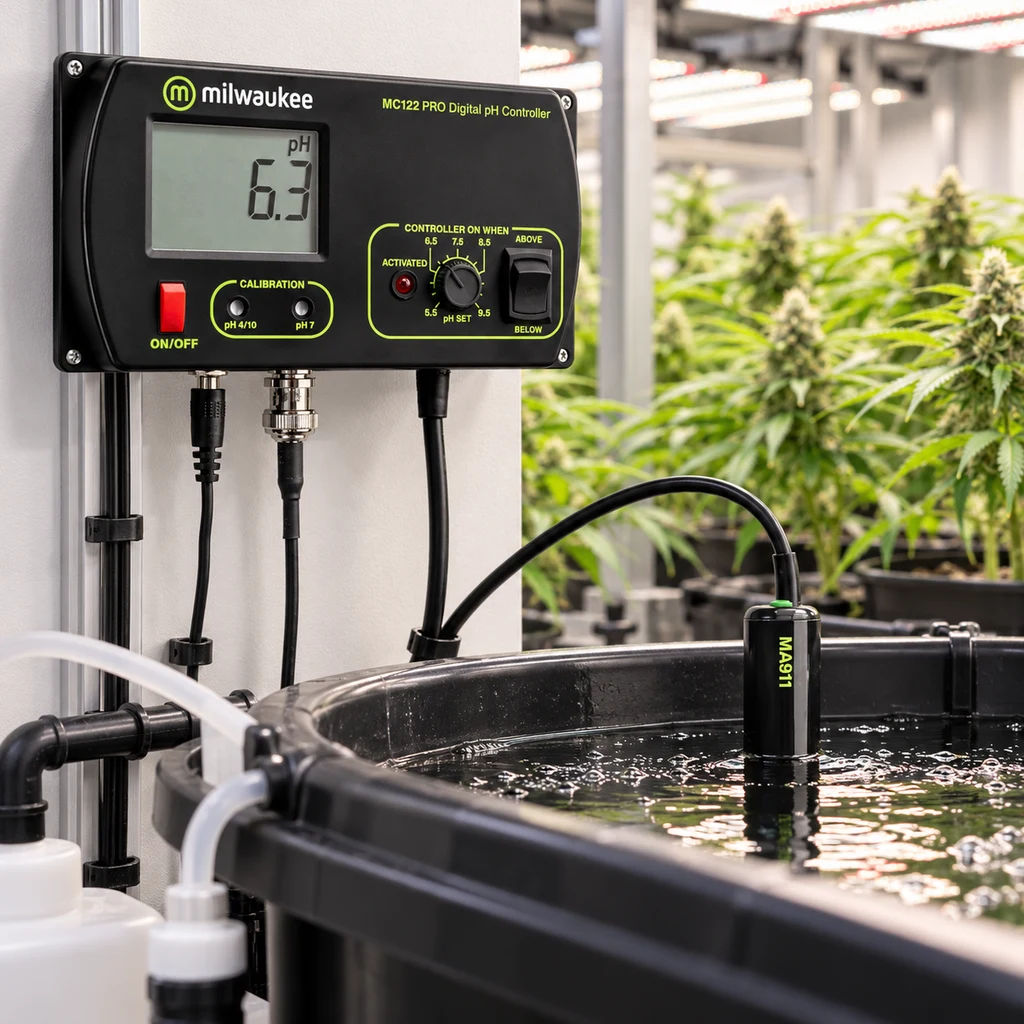 Controlador digital Milwaukee MC122 Pro con lectura de pH 6,3 y sonda sumergida en un depósito, ante varias plantas de cannabis.