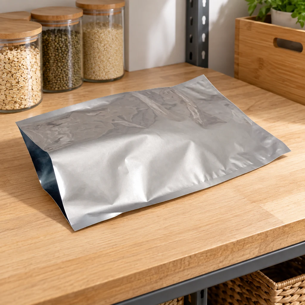 Bolsa de aluminio plateada, extendida sobre una encimera de madera, con pliegues visibles y un extremo abierto.